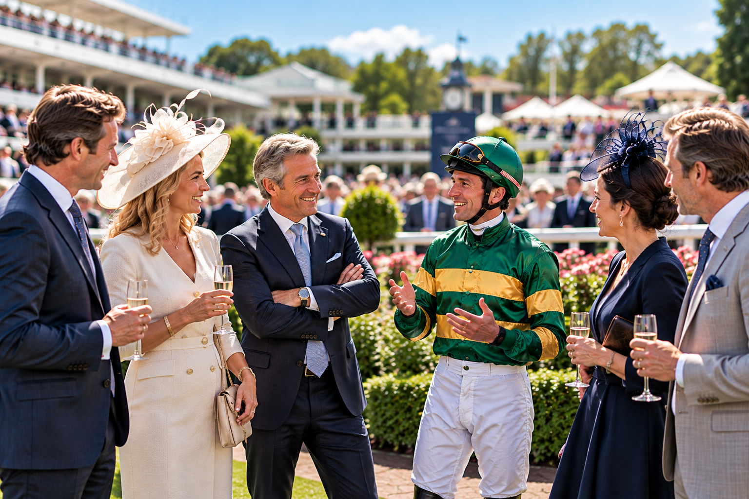 Corporate guests talking with a jockey at the racecourse